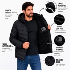 Jaqueta Puffer Masculino Aveludada Inverno Casaco Bomber Peluciada Capuz Impermeável