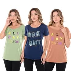 Kit 3 Camisetas T-shirt Feminina Gola Canoa Estampada