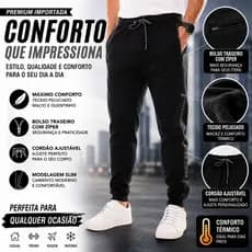 Calça Moletom Pesada Masculina Premium Peluciada Importada com Bolso Zíper e Cordão Ajustável