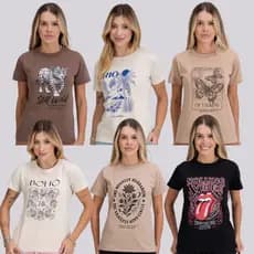Camiseta Feminina Estampas Diversas Verão Gola Redonda Moderna Modelagem Grande 100% Algodão