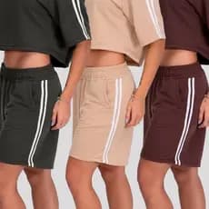 Shorts Moletinho Feminino com Listras Laterais Casual Confortável Cintura Alta Tecido Macio Verão