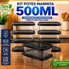 Kit 10 Potes Marmita fitness 500ml com Tampa Preta