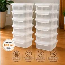 Kit Com 12 Potes Transparentes Com Trava 800ML Marmita Freezer Geladeira Microondas Organização