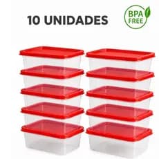 Kit Com 10 Potes Organizadores Retangulares 1 Litro Tampa Vermelha