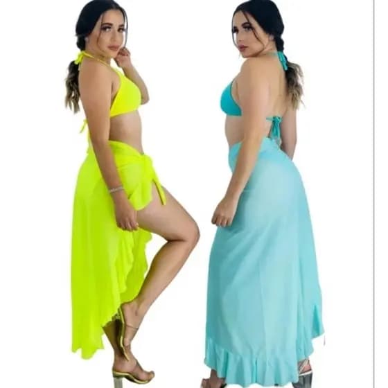 2kit Pareo Longa liso Com Babado Armação Elegante Moda Praia