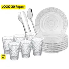 Jogo Kit 30 Peças 06 Pratos Vidro Fundo Grego + 06 Copos Maracatu 265ML + 18 Talheres Inox Oriente