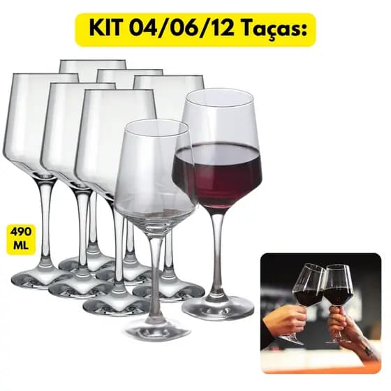 Jogo Kit 04/06/12 Taças Vidro Cristalino Brunello 490ML Vinho Água Tinto Suave Grande Buffet Hotel
