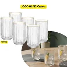 Jogo Kit 06/12 Copos Vidro 420ML Borda Dourada Canelado Versalhes Gold Filete Grande Drinks Água