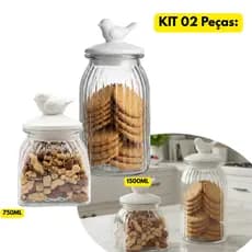 Jogo Kit 02 Peças Potes C/ Tampa Cerâmica Pássaro Branco Vidro 1,5L+ 0,75L Transparente Armazenar