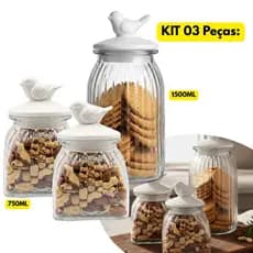 Jogo Kit 03 Potes Herméticos C/ Tampa Pássaro Branca 1,5L + 02 750ML Armazenar Balcão Doces Chique