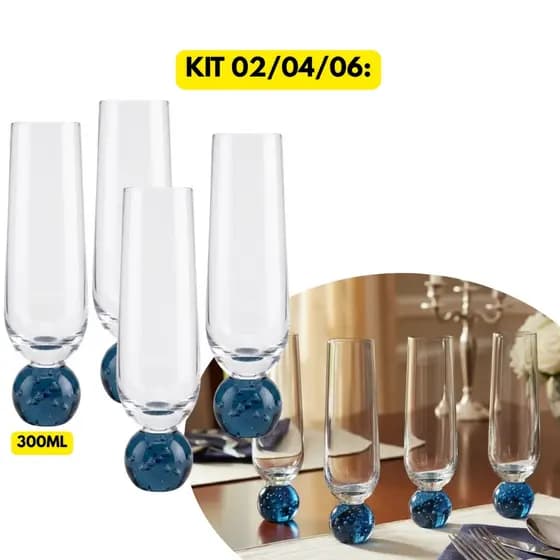 Jogo Kit 02/04/06 Taças Vidro Champanhe Orbe Azul Marinho Servir Chique Elegante Luxo Hotel Resort