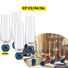Jogo Kit 02/04/06 Taças Vidro Champanhe Orbe Azul Marinho Servir Chique Elegante Luxo Hotel Resort