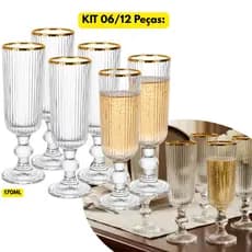Jogo Kit 06/12 Taças Vidro 170ML Borda Dourada Versalhes Champagne Gold Espumante Canelada Champanhe Filete Dourado