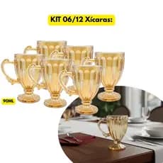 Jogo Kit 06/12 Peças Xícaras Vidro Âmbar 90ML Cristal Serena Chá Servir Dourada Refeição Padaria