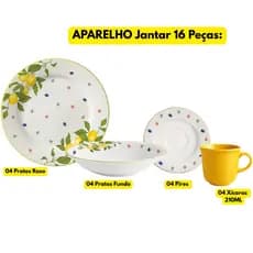 Aparelho Jantar 16 Peças Porcelana Pratos Limão Siciliano 04 Raso + 04 Fundo + 04 Pires + 04 Xícaras