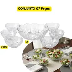 Conjunto 07 Peças Tigelas Vidro Floridas 2Lt + 6 310ML Sobremesa Saladeira Salada Bowl Doce Sorvete Vasilhas