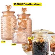 Jogo Kit 03 Potes Vidro Âmbar Dourado C/ Tampa Coração Hermética Amarelo Bomboniere Armazenamento