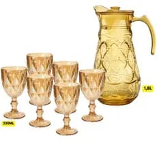 Jogo Kit 7 Peças Jarra Vidro 1,8L C/ Tampa Ambar + 6 Taças 330ML Água Dourada Drink Suco Enfeite Escritorio