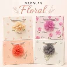 4 Sacolas Presente G 33x25x11 Flor 3D Floral Premium Embalagem Presente Sofisticada Cores Variadas