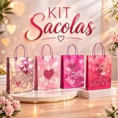 4 Sacolas Presente Luxo Love You com Corações Brilhantes – Elegante e Delicada 41x12