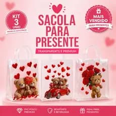 3 Sacolas Presente Transparente PVC fosco 24x19 Ursos Amor Luxo Dia dos Namorados Embalagem Premium