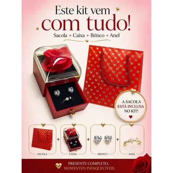 Porta Joia Rosa Eterna com Semijoia Antialergica Caixa Presente Luxo Acrilico Dia Namorados Amor