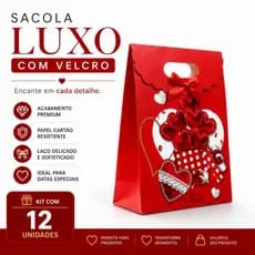 12 Sacolas Presente Luxo Fechamento em Velcro Vermelha 27x19x9cm Romantico Dia Namorados Mães