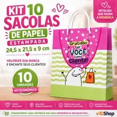 10 Sacola de Papel Kraft Branco de Presente G 24X21X9 Flork Frases Gratidão Embalagem Presente