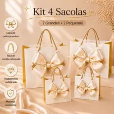 Kit 4 Sacolas Presente M e G Branco com Laço Dourado 3d Embalagem Presente Namorados Amor