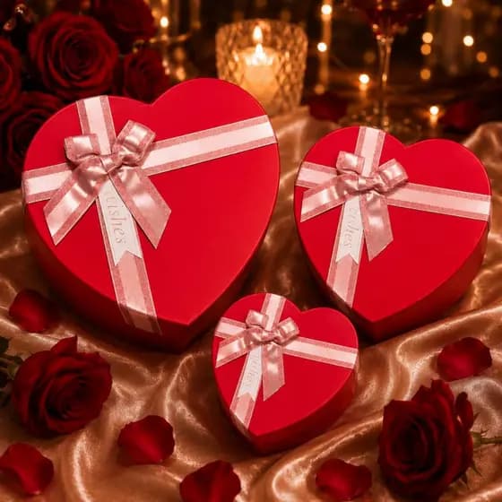 3 Caixas Presente P M G Coração Love You Vermelho com Laço Luxo Liso