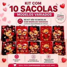10 Sacolas Presente Romântica 32x26x10 Urso 3D Com Alça Reforçada Dia dos Namorados Modelo Variados