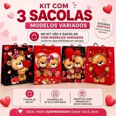 3 Sacolas Presente Romântica 32x26x10 Urso 3D Com Alça Reforçada Dia dos Namorados Modelo Variados