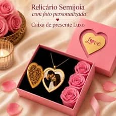 Caixa Presente Com Relicario Semijoia Personalizada Foto Casal Amor Love Rosa Dia dos namorados
