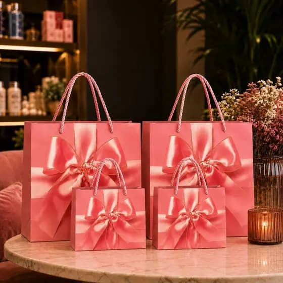 Kit 4 Sacolas Presente M e G Rosa com Laço Dourado 3d Embalagem Presente Namorados Amor