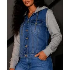 Jaqueta Jeans Feminina Com Capuz e Manga Moletom Casual Esportiva