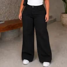 Calça Wide Leg Feminina Plus Size Sarja Cintura Alta Tamanhos 48 ao 54 Tamanho Grande  tendência