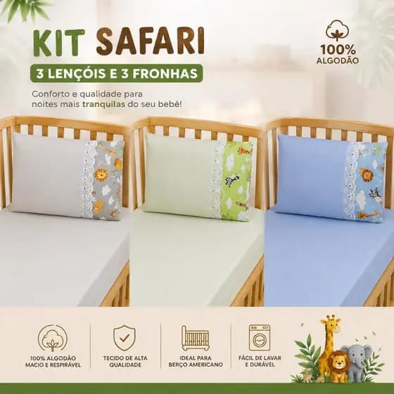 KIT 3 JOGOS DE LENÇOL PARA BERÇO AMERICANO 100% ALGODÃO SAFARI MENINO