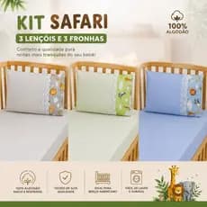 KIT 3 JOGOS DE LENÇOL PARA BERÇO AMERICANO 100% ALGODÃO SAFARI MENINO