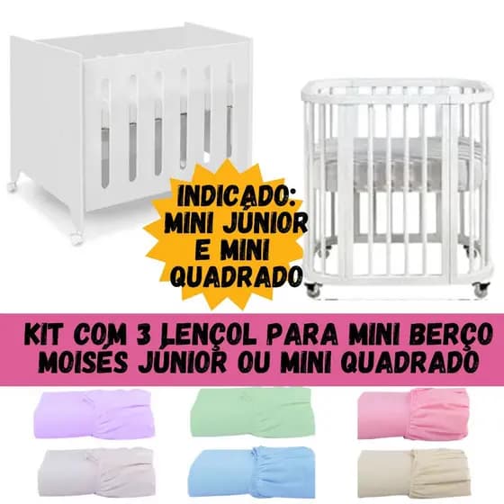KIT COM 3 LENÇOL PARA MINI QUADRADO OU MINI MOISES JUNIOR 100% ALGODÃO