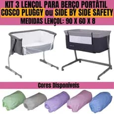 KIT 3 LENÇOL PARA BERÇO PORTATIL SIDE BY SIDE SAFETY OU COSCO PLUGGY 100% Algodão