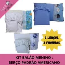 KIT 3 JOGOS DE LENÇOL PARA BERÇO AMERICANO 100% ALGODÃO BALÃO MENINO