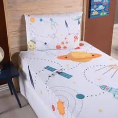 Jogo Lençol Solteiro Elastico Roupa Cama Infantil Quarto Criança 2 Pçs Fronha Astronauta Foguete