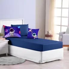 Jogo Lençol Solteiro Elastico 4 Pçs Fronha Quarto Menino Roupa Cama Astronauta Simples Marinho Luxo