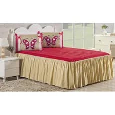 Kit Colcha Cobre Leito Cama Casal Padrão Bordado Borboleta 03 Peças Duas Cores Vermelho e Avelã com Babado