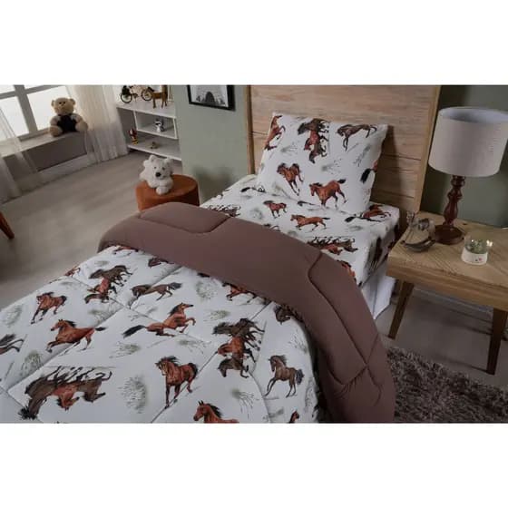 1 Edredom Malha Solteiro Cavalo 100% Algodão Cama Menino Menina Quarto Marrom
