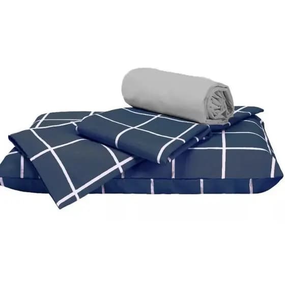 Kit Jogo de Lençol Solteiro Cama 03 Peças Azul Marinho Cinza Quadros Quarto Masculino