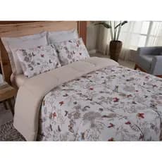 Kit Edredom Casal Queen Malha 100% Algodão Fio Penteado Com Jogo de Cama Queen 05 Peças Quarto Bege Estampa Borboletas