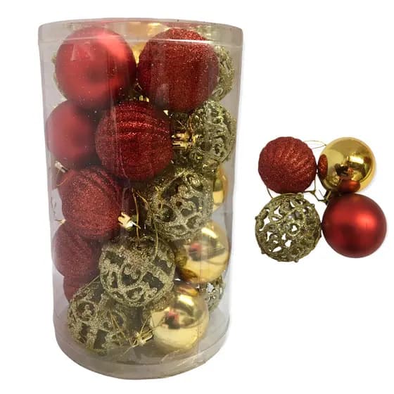 kit Bola de Natal 25 Bolinhas Vermelha e Dourada Decoracao de Natal Enfeite Natalino