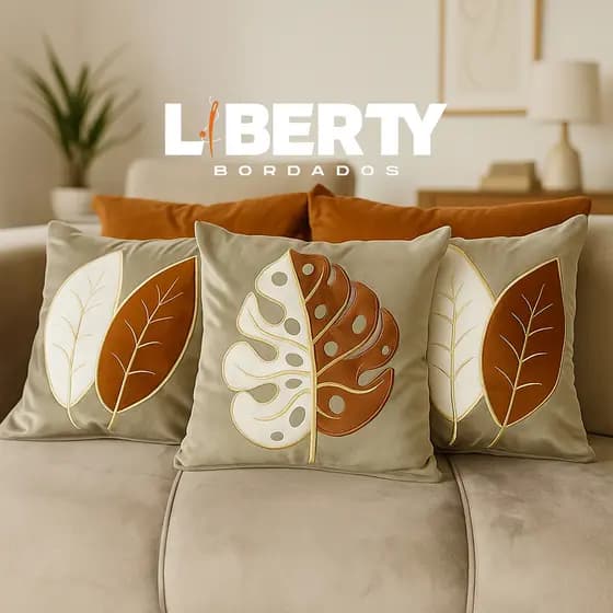 Kit de Capa de Almofada Bordada Suede - Folhas Costela de Adão - Escolha Sua Combinação
