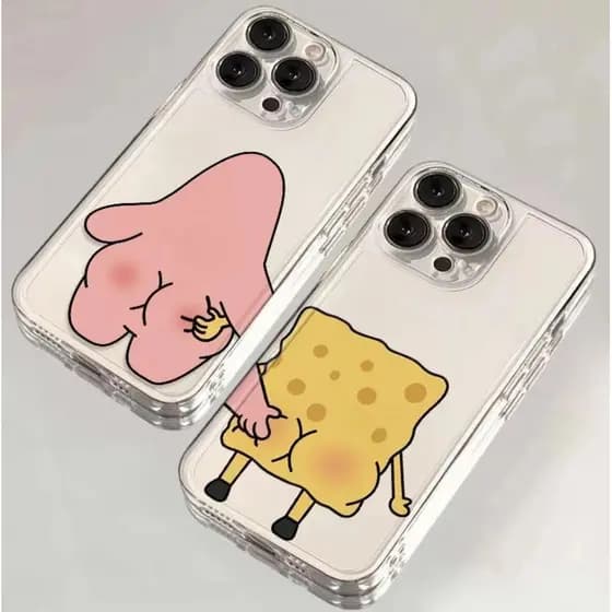 Capinha iphone 11/12/13/14/15/16 Pro max,Capa de telefone transparente para casal, Bob Esponja Calça Quadrada